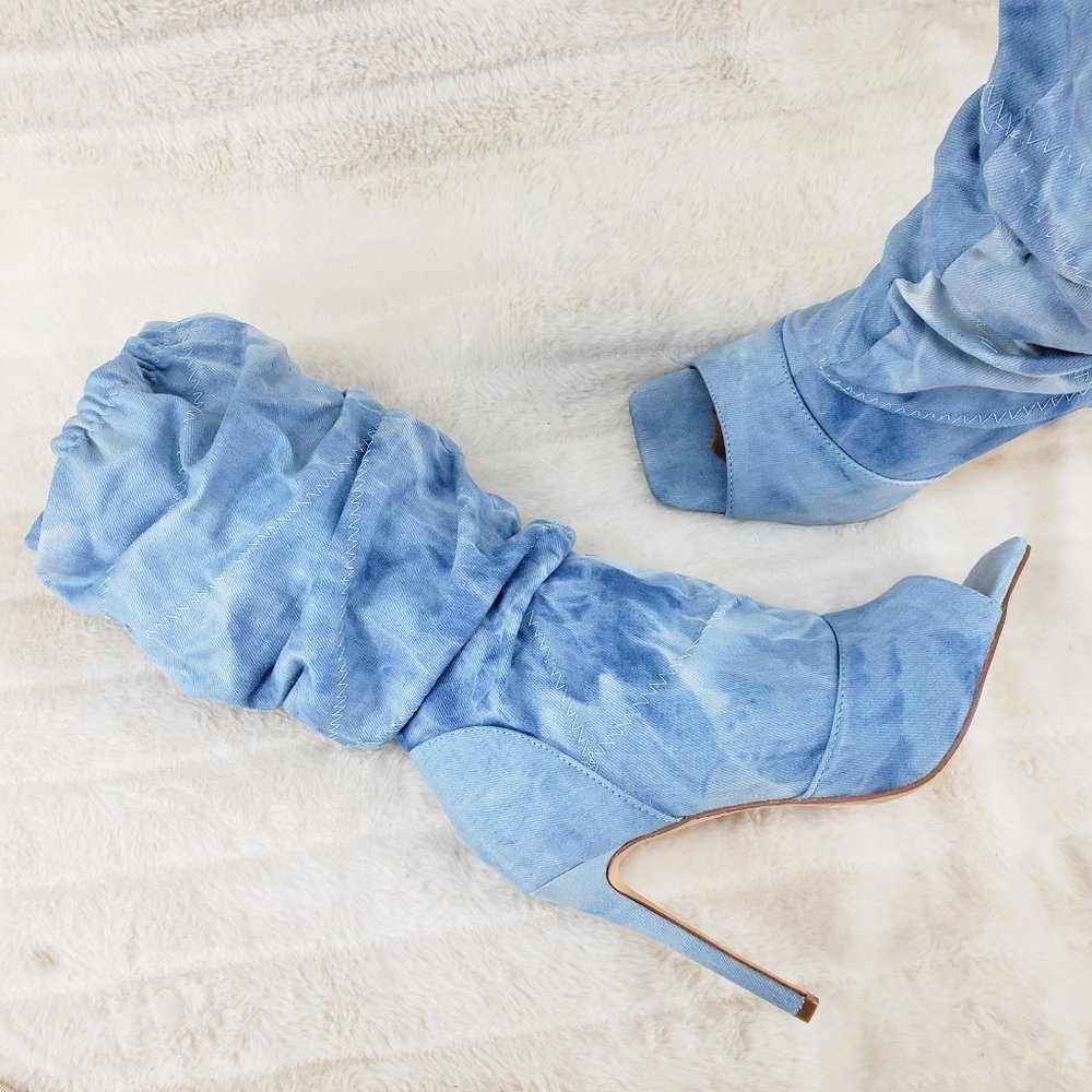 Mineral Wash Denim Square toe Scrunch Slouch Mid Calf Pull On Heeled boots - Picture 4 of 15